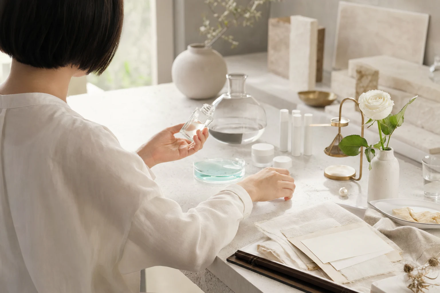 日本のブランドアトリエで商品開発に向き合う手元と白い花、真珠の静物